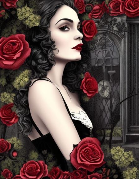 Gothic Woman in Black Dress with Roses