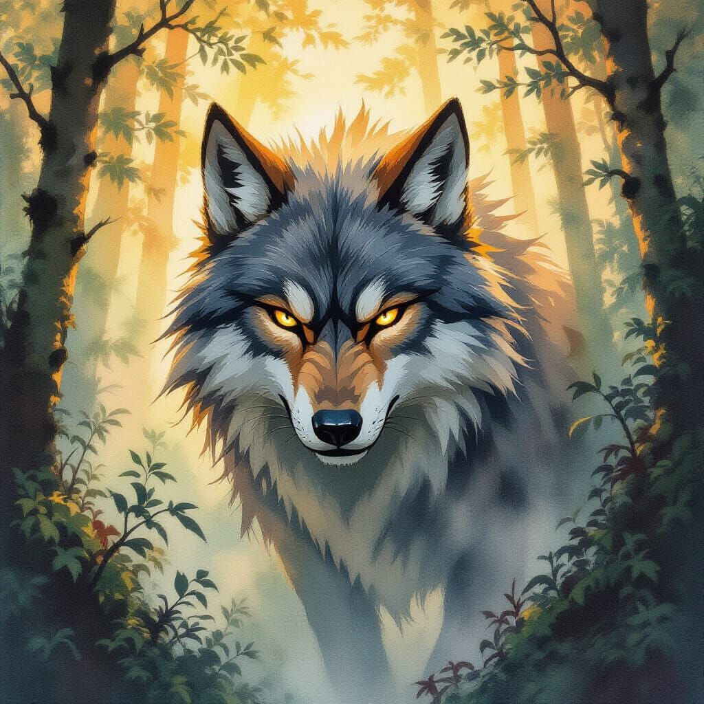 Shishigami Wolf God in Forest Watercolor