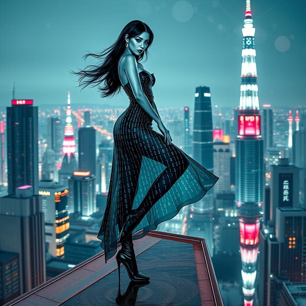 A glamorous android supermodel with long, slender legs, adorned in a flowing binary code gown, perched gracefully on a n...