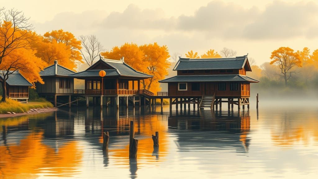 Lakeside Tea Houses in Golden Hour: Watercolor Style