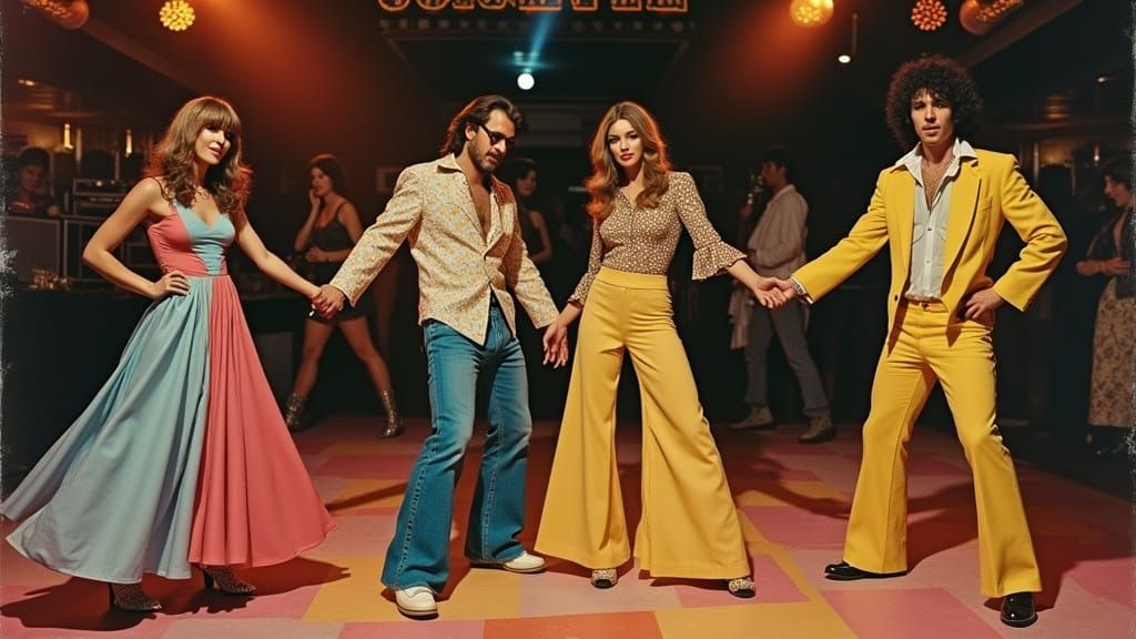 Disco Dancers in Vibrant 1970s Attire