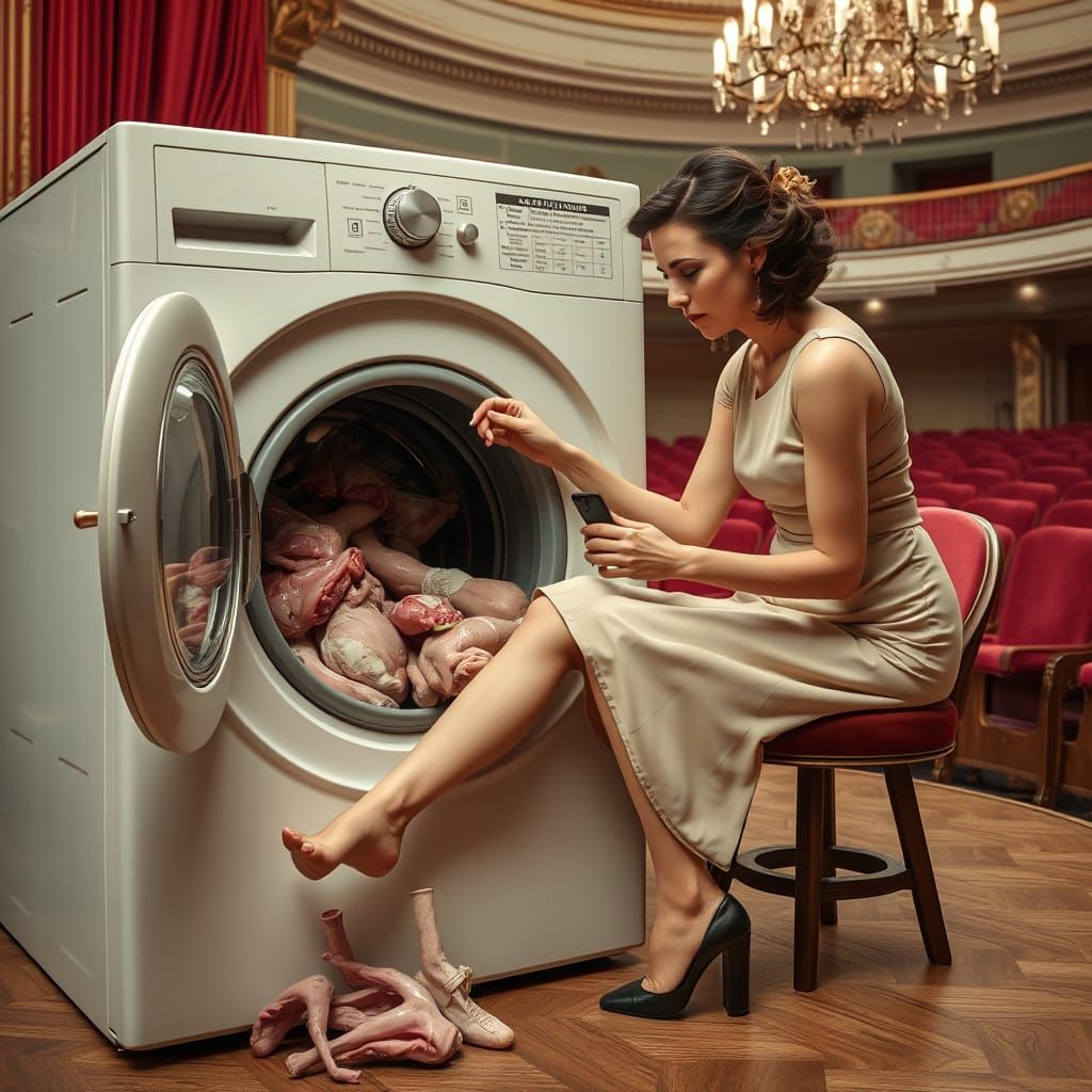 Surreal Opera Scene: Woman with Body Parts in Washing Machin...