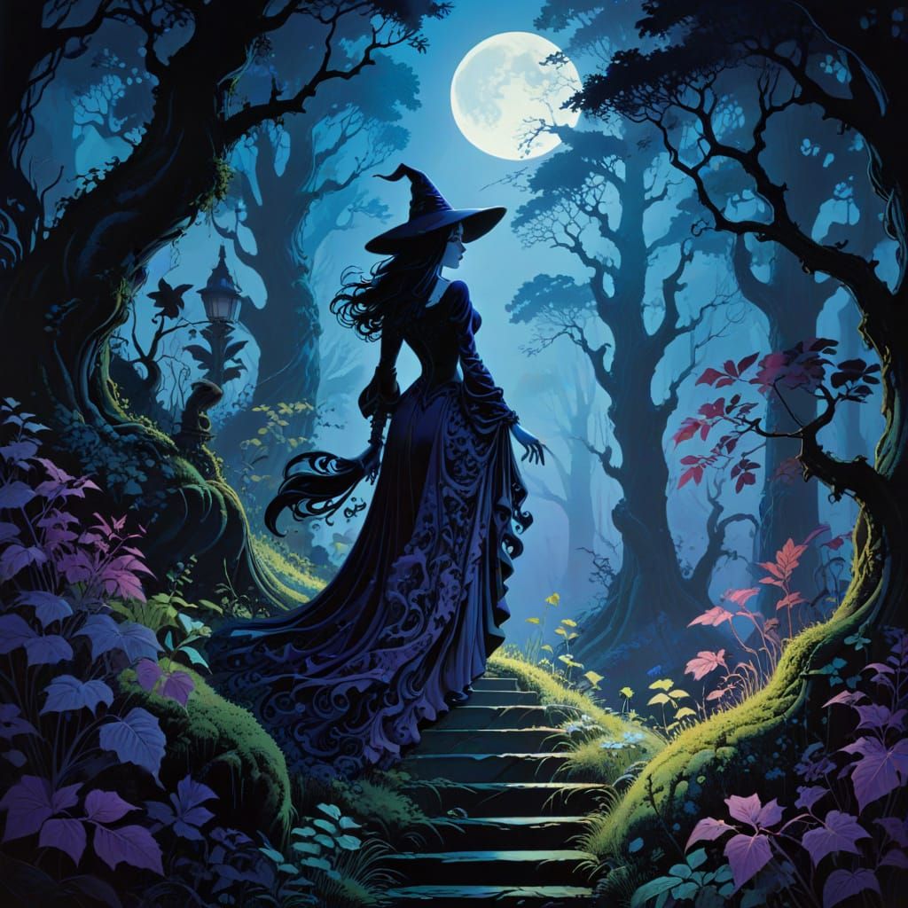 Enchanted Forest Witch Silhouette in Gouache Style