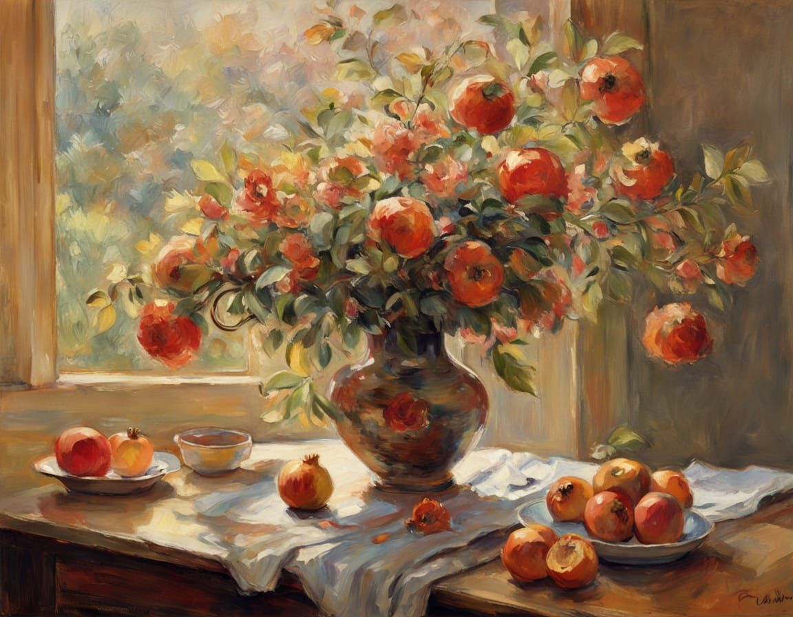 Impressionist Vase of Flowers with Pomegranates in Warm Gold...
