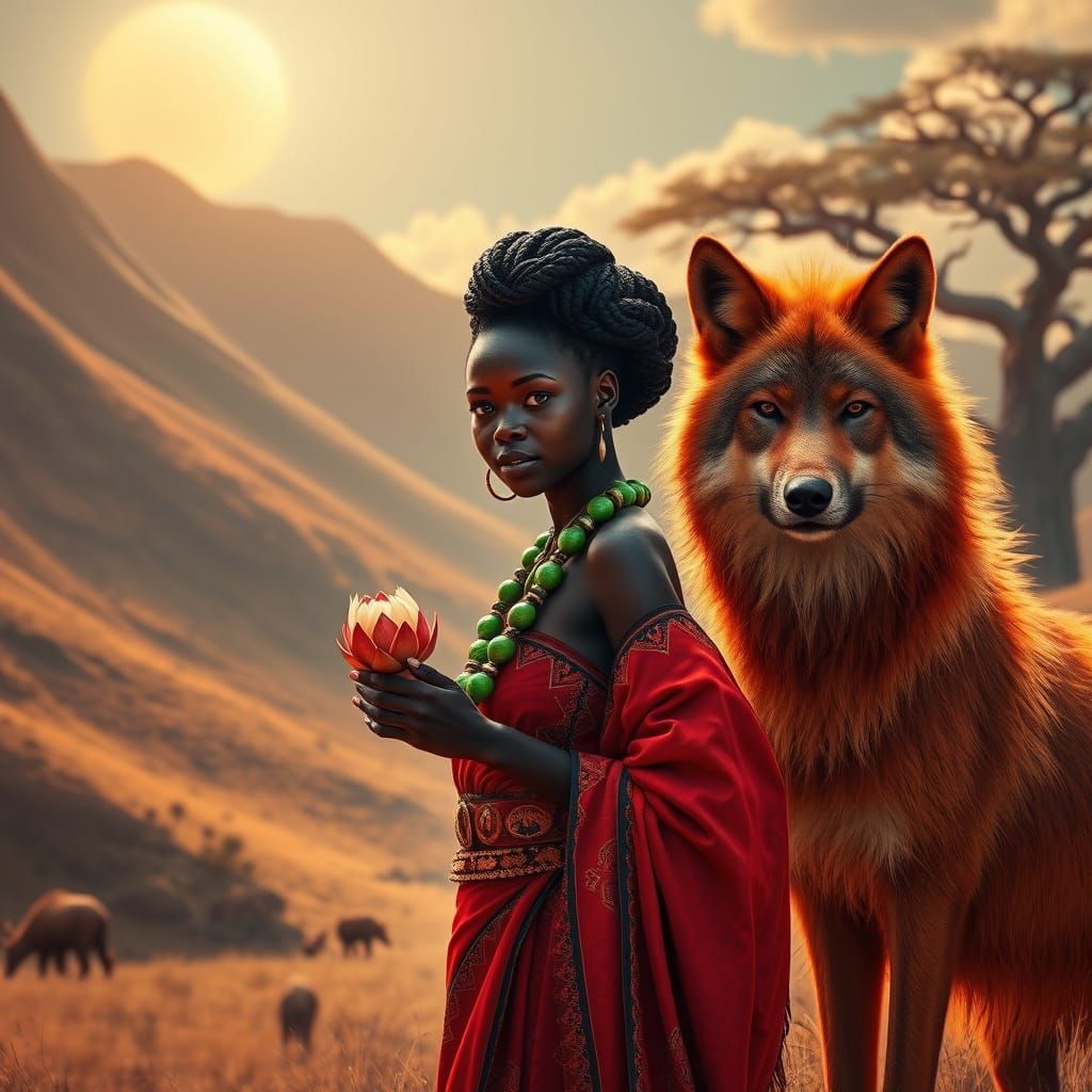 African Princess with Red Wolf in Vibrant Savanna Landscape