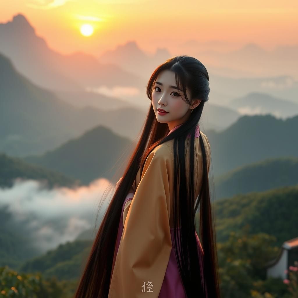 Korean Woman in Mountain Landscape at Sunset