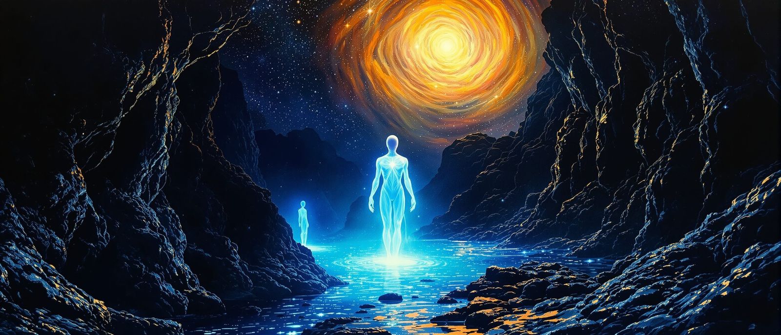 Spectral Figure Emerges from Bioluminescent Waterfall