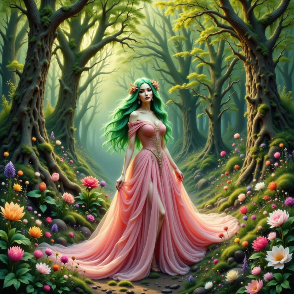Forest Princess in Pink Gown with Green Hair Amidst Spring F...