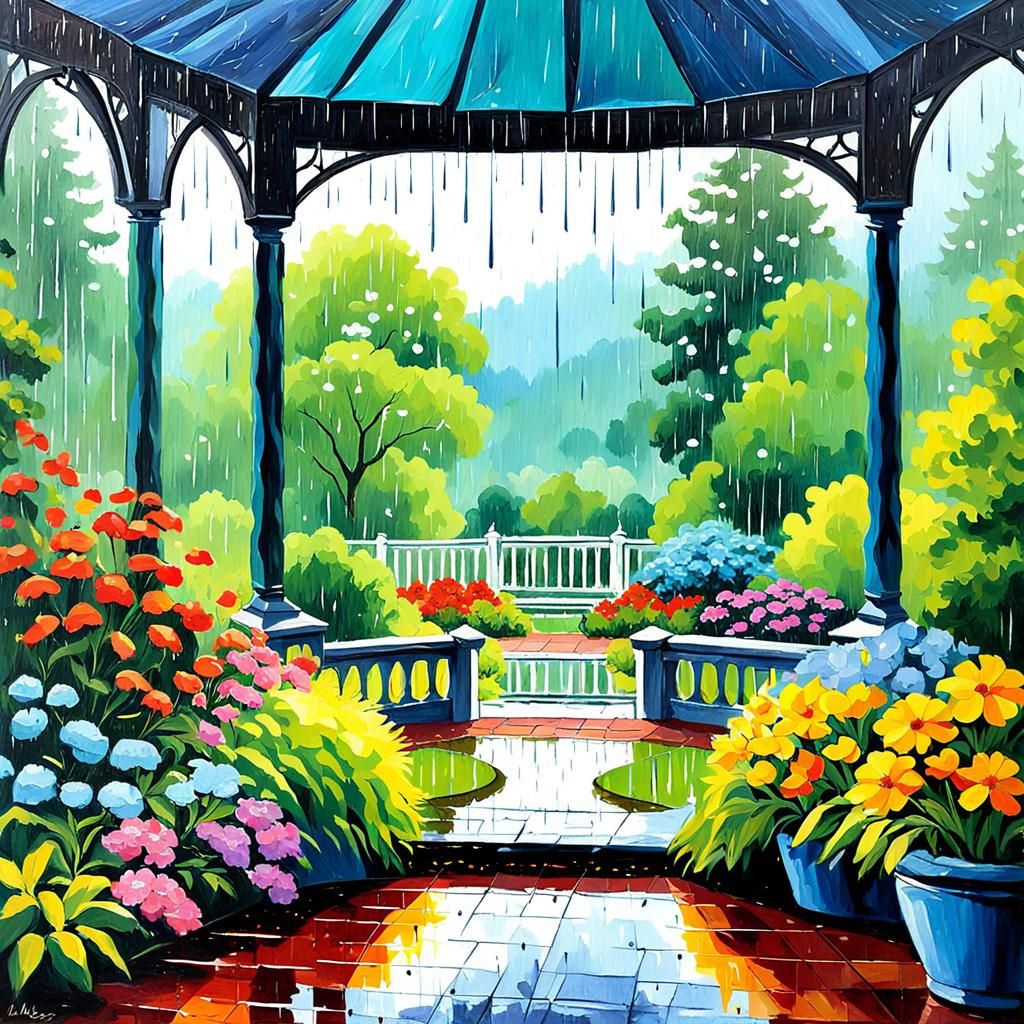 Rainy Garden View from Gazebo: Oil Painting
