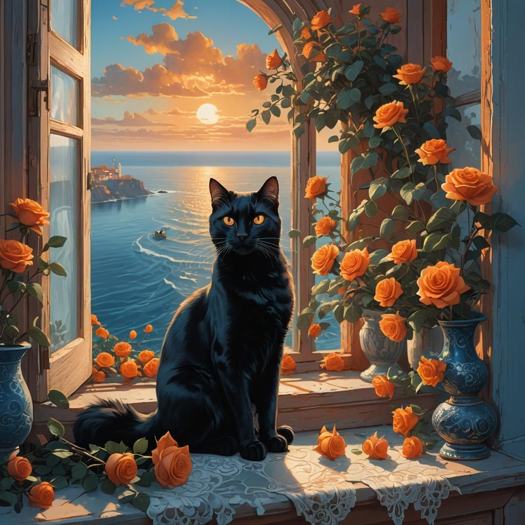 Black Cat with Orange Roses, Fantasy Art