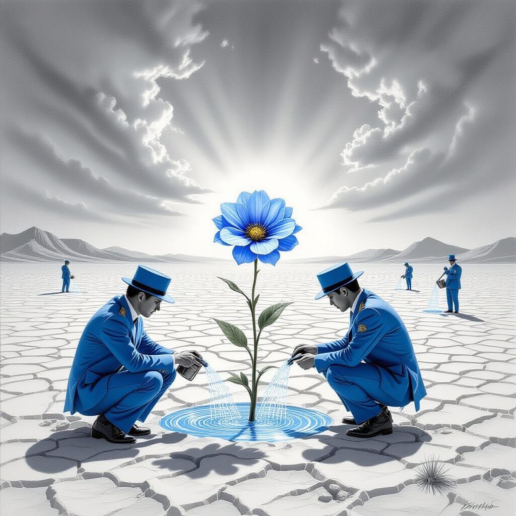 Surreal Desert Scene: Tiny Men Water Blue Flower