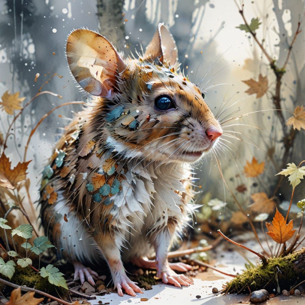 Wood Mouse in Autumn Woodland, Photorealistic Watercolour