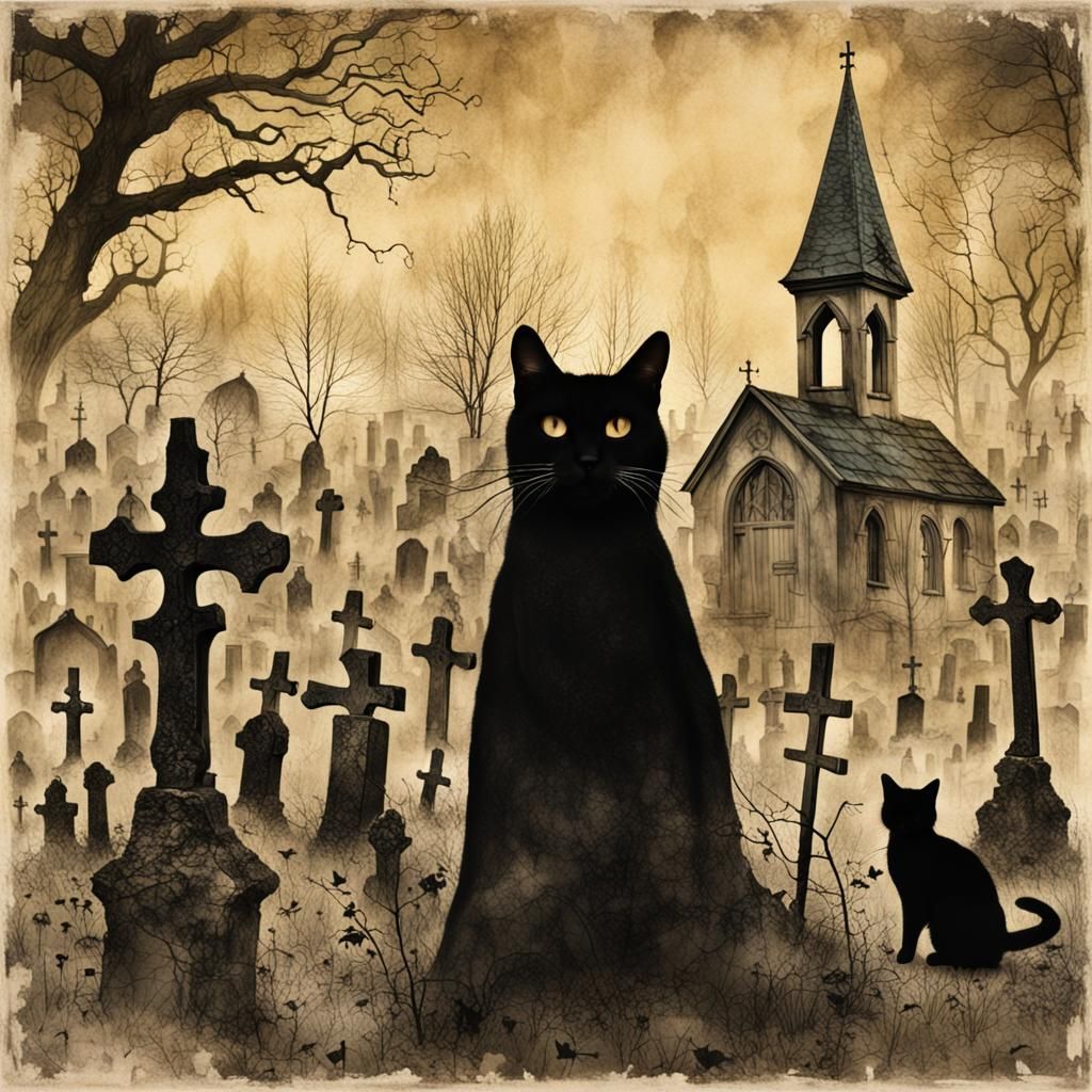 Eerie Graveyard Portrait with Singing Witch and Cats
