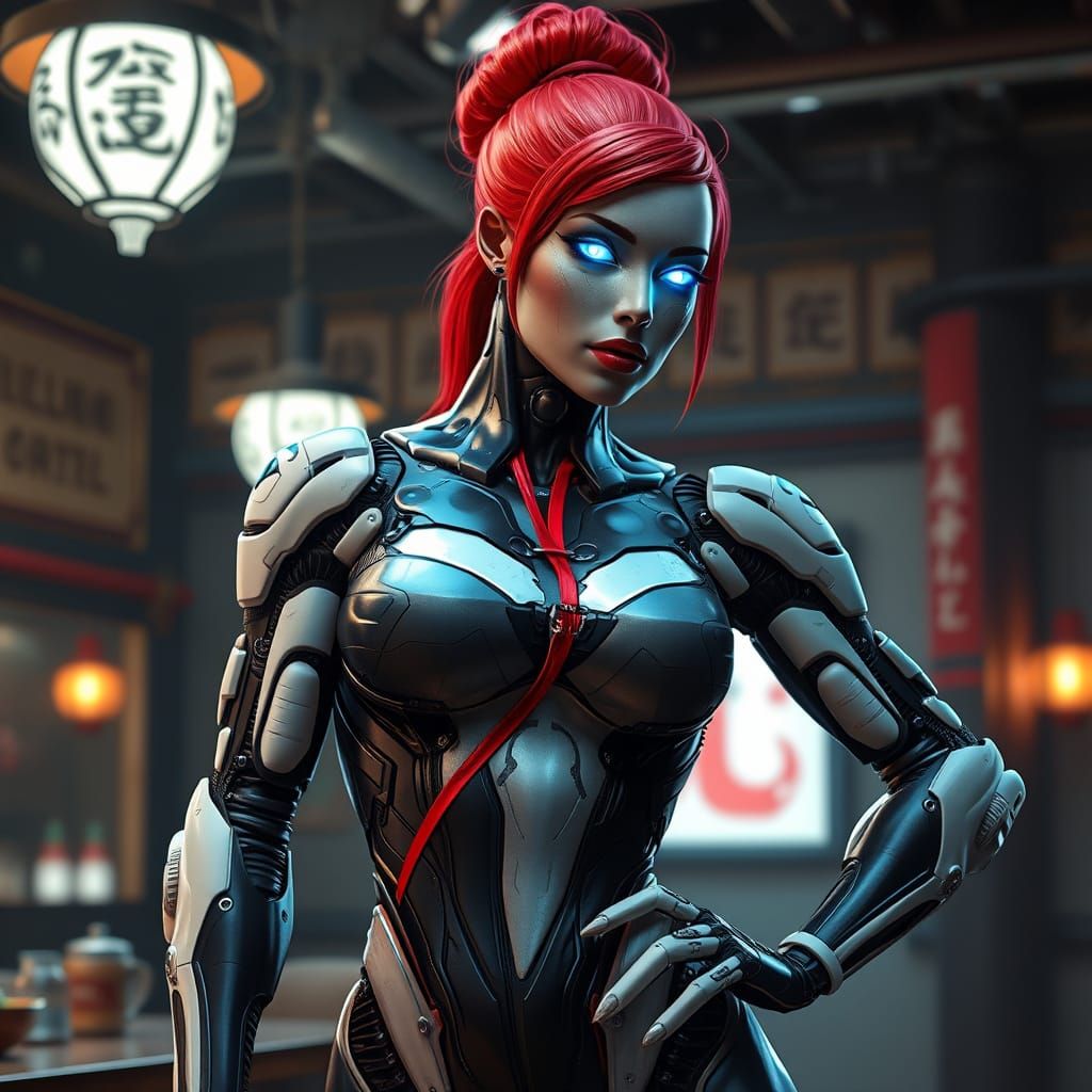 Cyborg Bodybuilder at Cyberpunk Dojo in Photorealistic Style