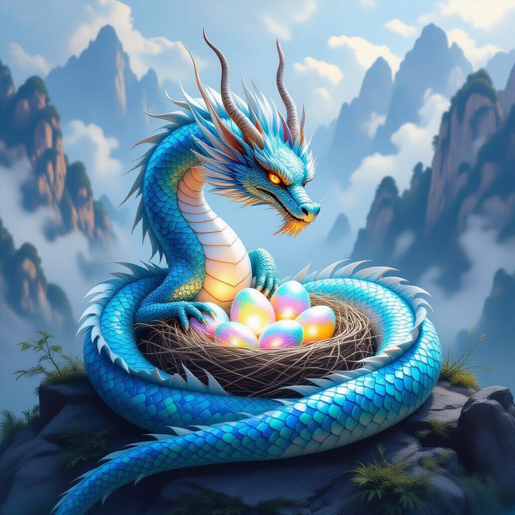 Iridescent Dragon Protecting Opalescent Eggs on Misty Peak