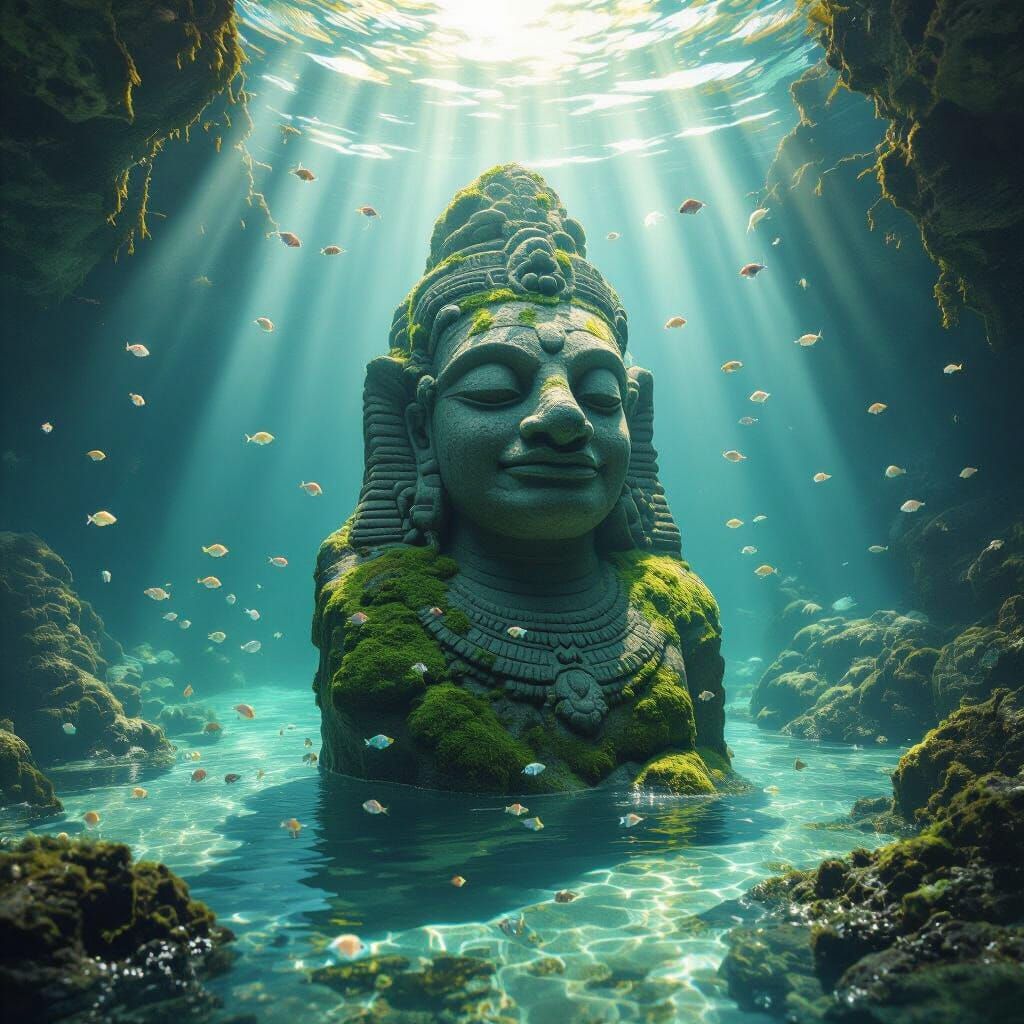 Ancient Sea Creature Statue in Sunlit Lagoon
