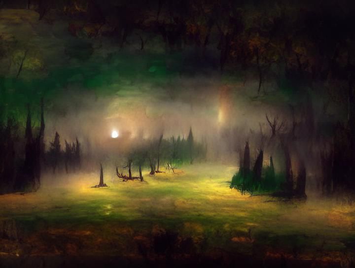Haunted Forest in Fog Under Full Moon