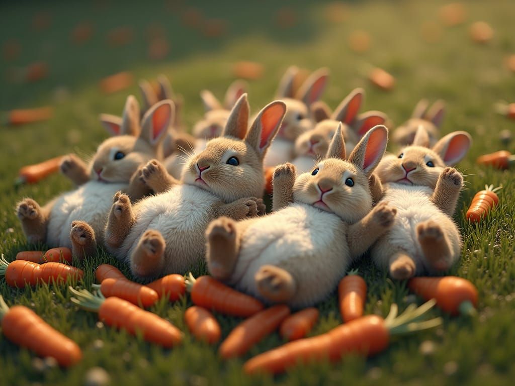 Comical Bunnies Overwhelmed by Carrots in Dreamlike Field