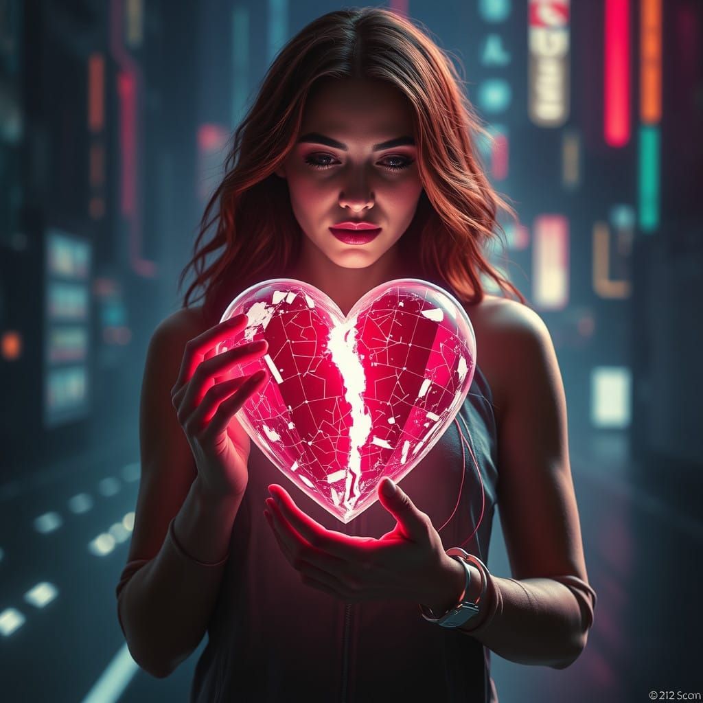 A Cyberpunk Woman Holds Her Broken Heart