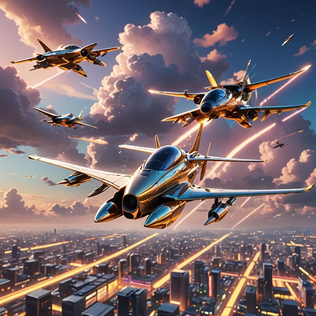 Futuristic Anime Airplanes in Neon Lit Sky
