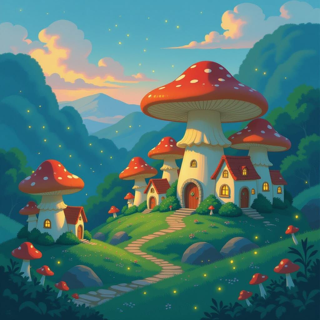 Bioluminescent Mushroom Village in Dreamy Fantasy Style