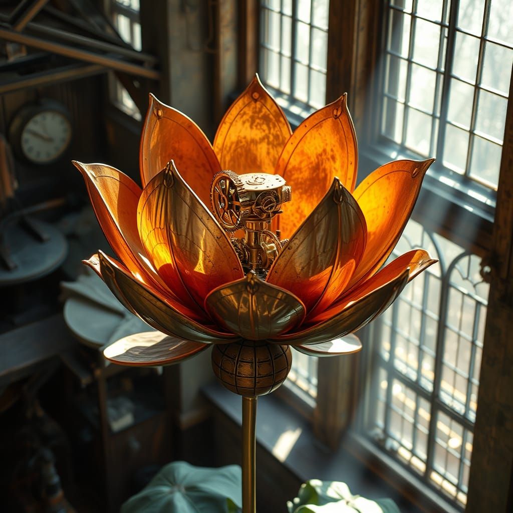 Mechanical Steampunk Lotus in Copper and Leather