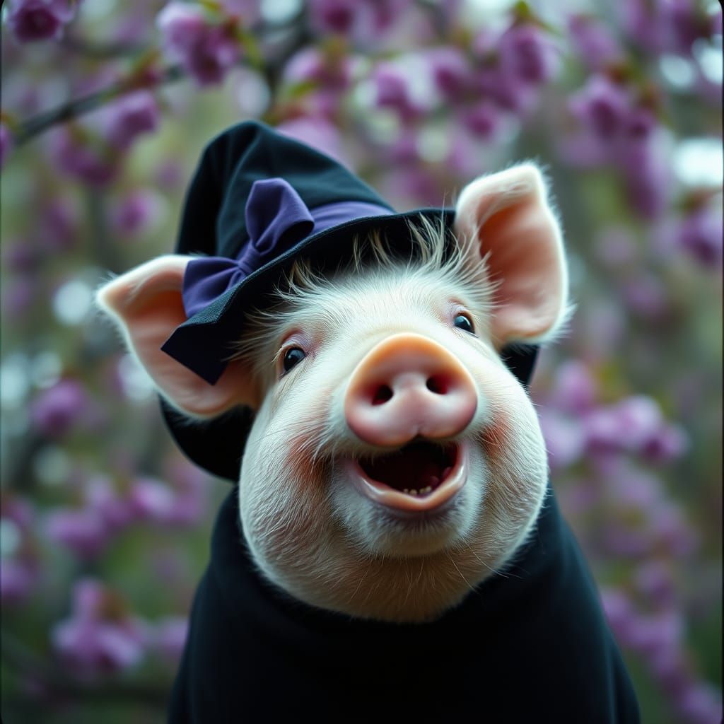 Playful Piglet in Witch Hat with Blossom Tree