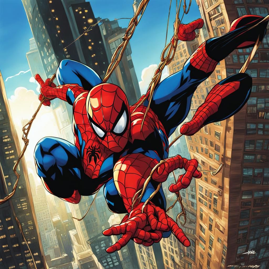 Spiderman Swinging Through City in Anime Style