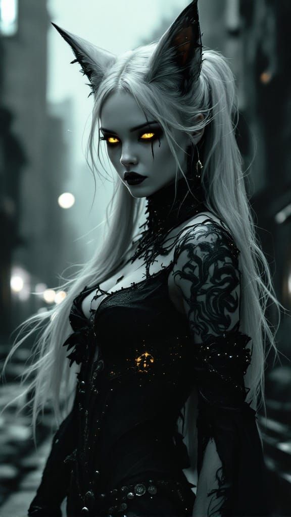 Gothic Cyber-Sorceress in Dark Urban Dystopia