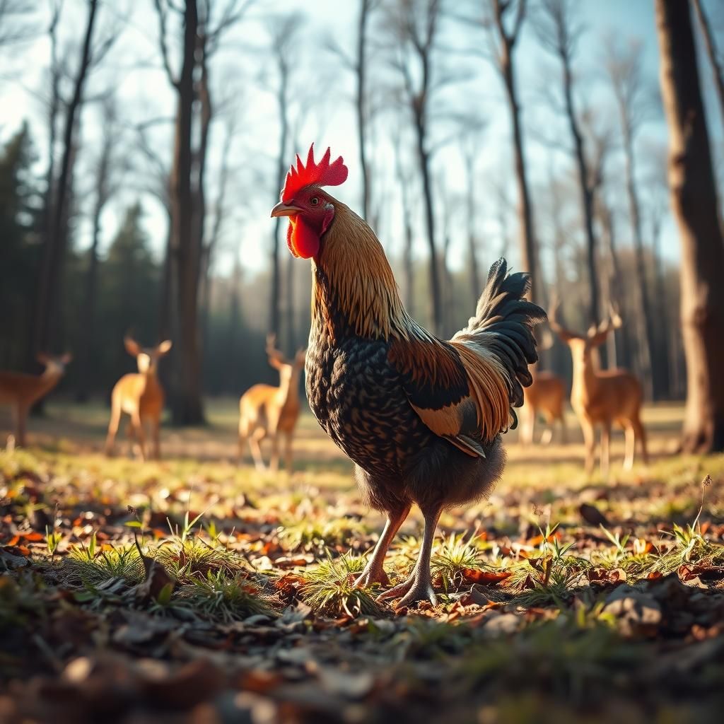 Chicken Photobombing Deer in Forest Clearing