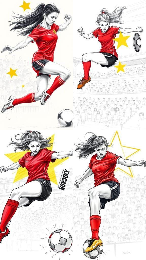 Energetic Female Footballer in Action, Sketch-Style Portrait
