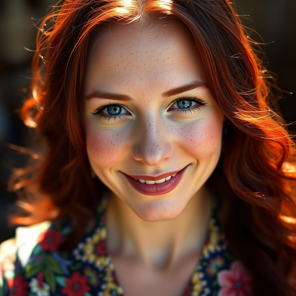 Hyper Realistic Portrait of a Woman with Dark Red Hair in Su...