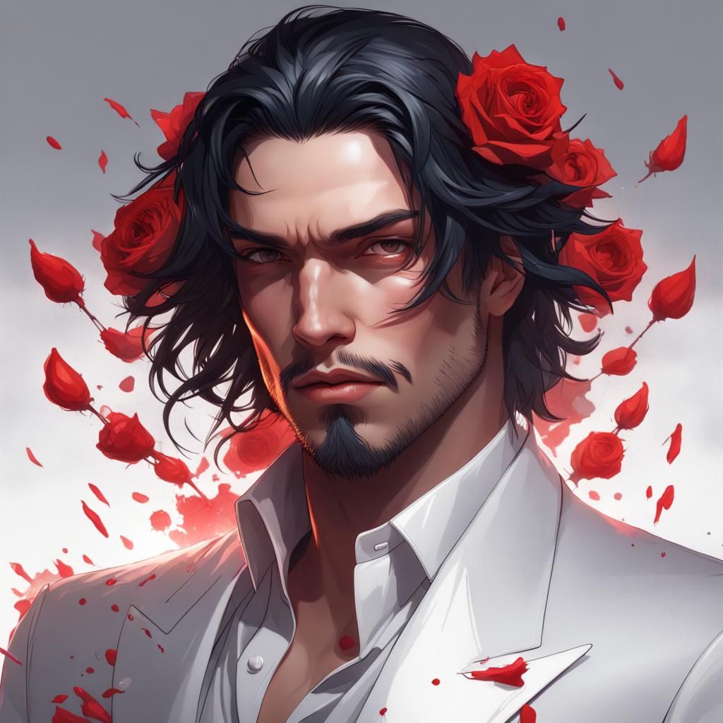 Striking Portrait of Man with Raven Hair and Red Lips