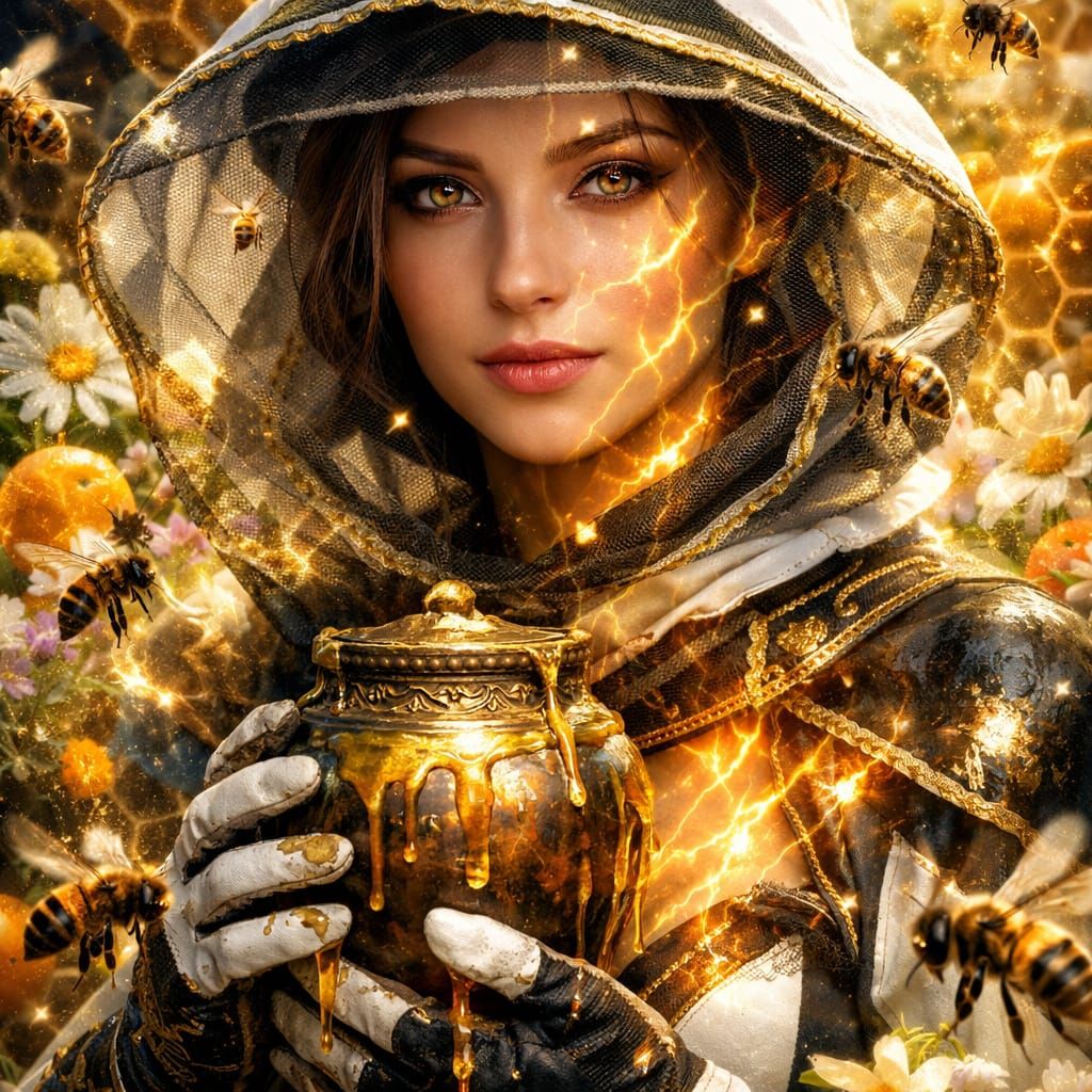 Fantasy Beekeeper with Golden Honey in Ethereal Glow