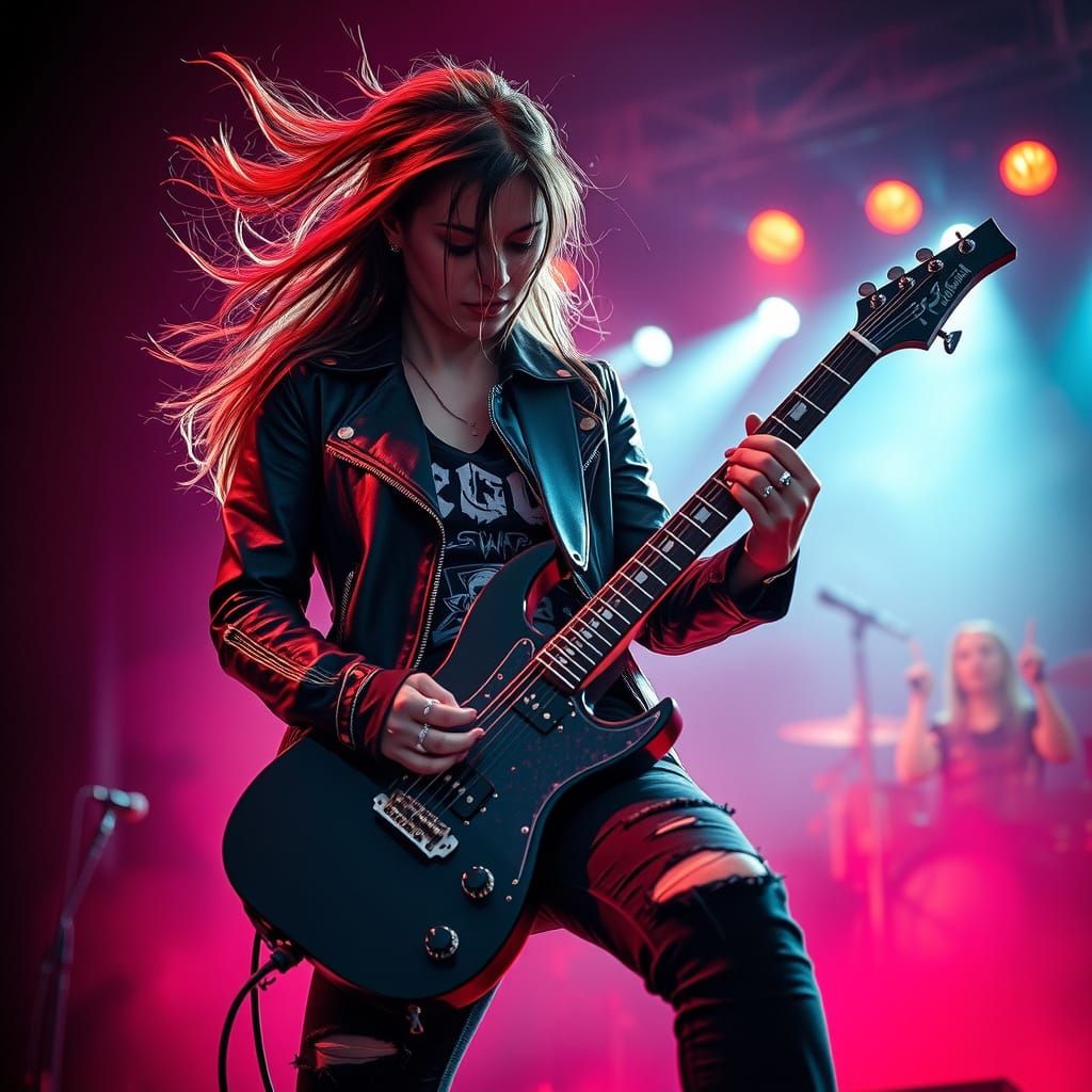 Epic Female Metalhead Shreds in Neon-Lit Cinematic Glory