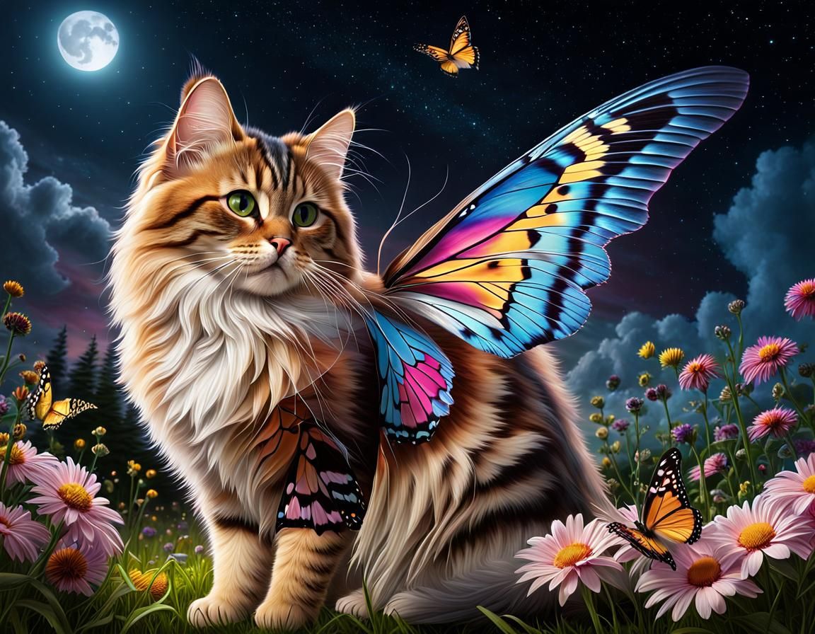 Butterfly-Winged Cat in Moonlit Field: Hyperrealistic Photo