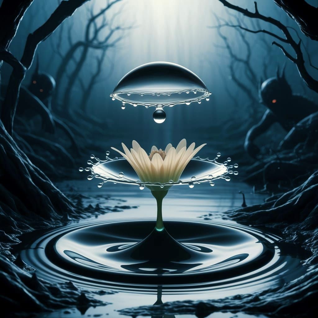 Water Droplet on Flower in Tim Burton Style