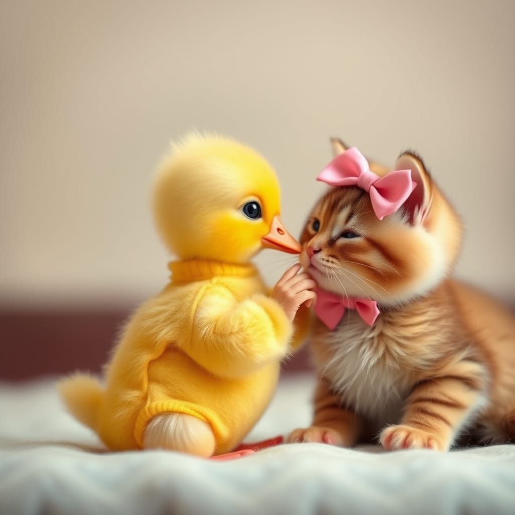 Cute Baby Duck Shares Tender Kiss with Adorable Cat in Whims...