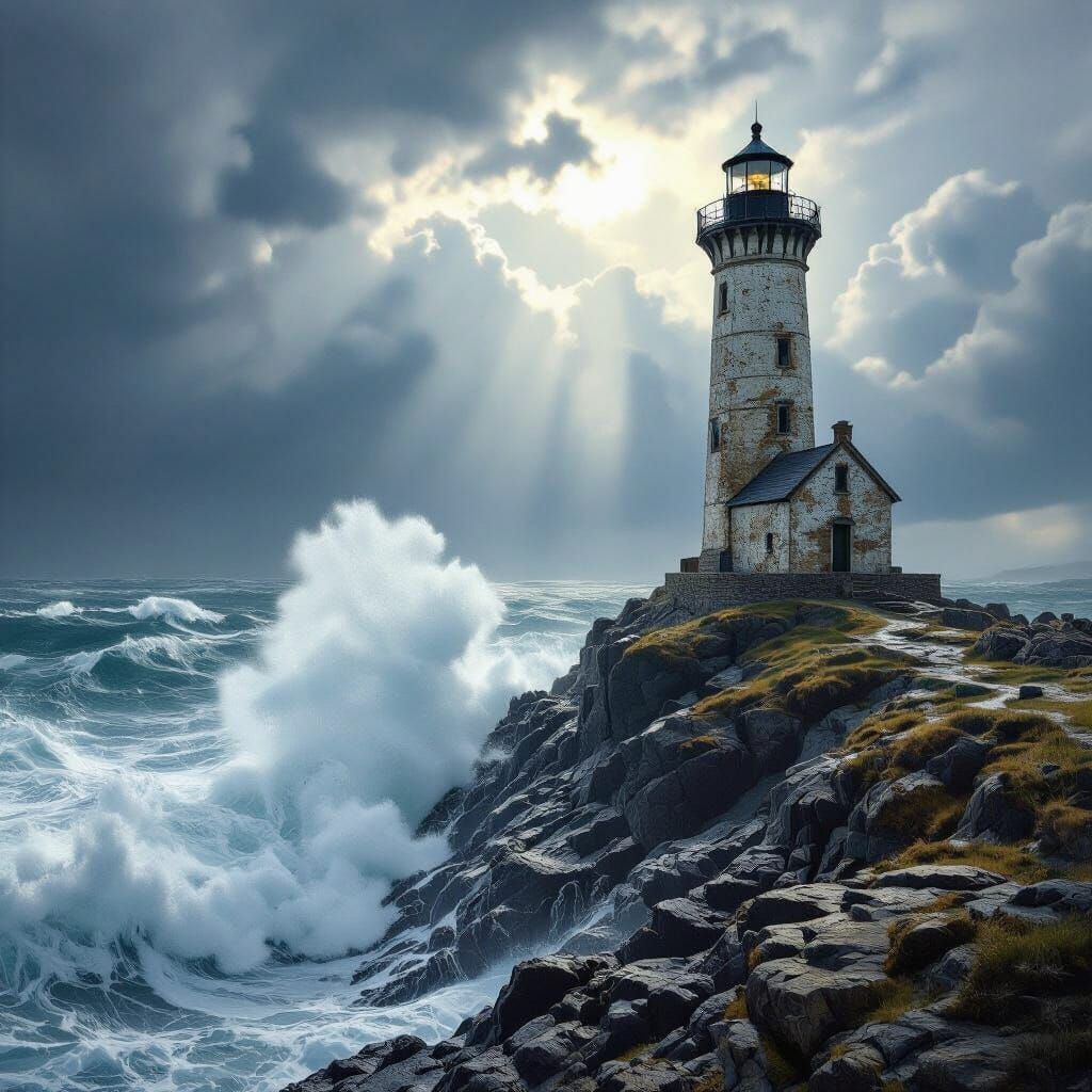 Weathered Lighthouse on Rugged Cliff Under Stormy Skies