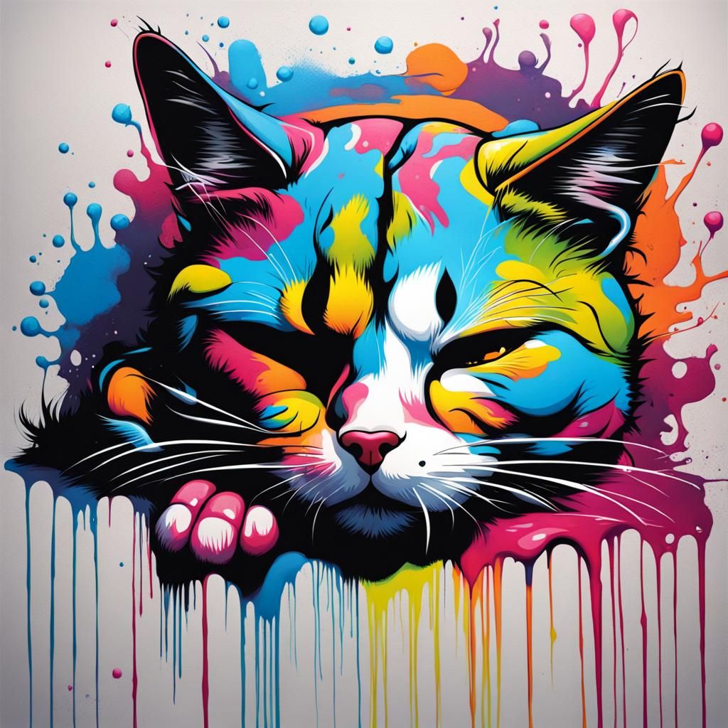Colorful Graffiti Art of a Sleeping Cat