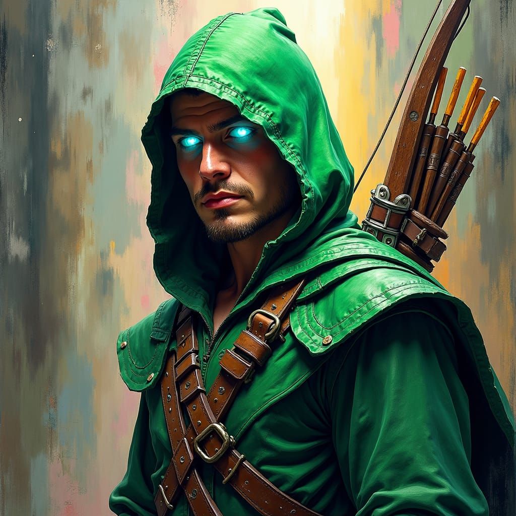 Robin Hood Portrait with Glowing Bow in Urban Setting
