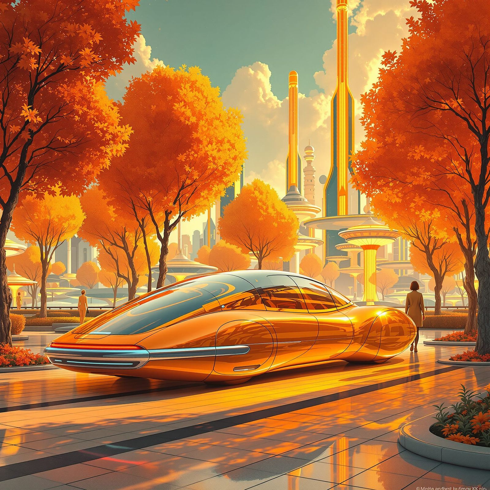 Retro-Futuristic Air Car Parked Near Orange Trees