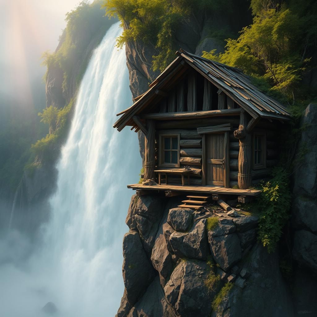 Weathered Cliffside Shack with Waterfall, Hyperrealistic Dig...