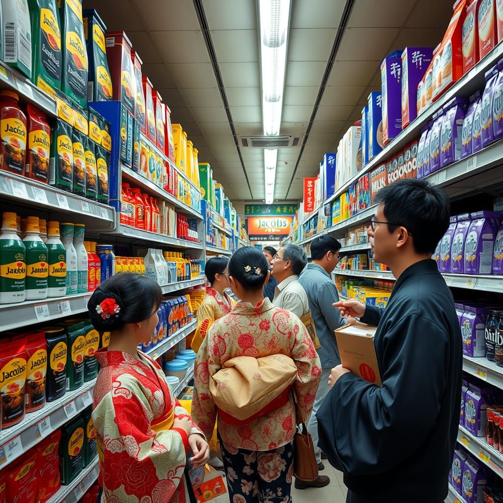 German Products in Tokyo Supermarket, Hyperrealistic Style