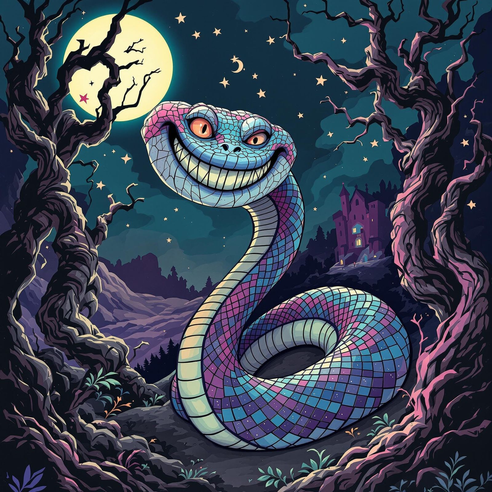 Whimsical Snake with Cheshire Cat Smile in Dreamy Moonlit La...