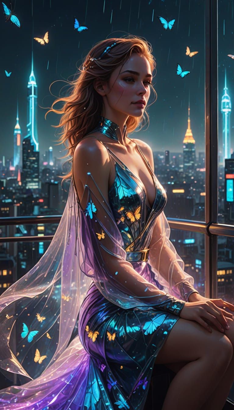 Futuristic Woman on Glowing Balcony Above Neon City