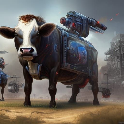 Mechanical Battle Cow with Flamethrower, Detailed Matte Pain...