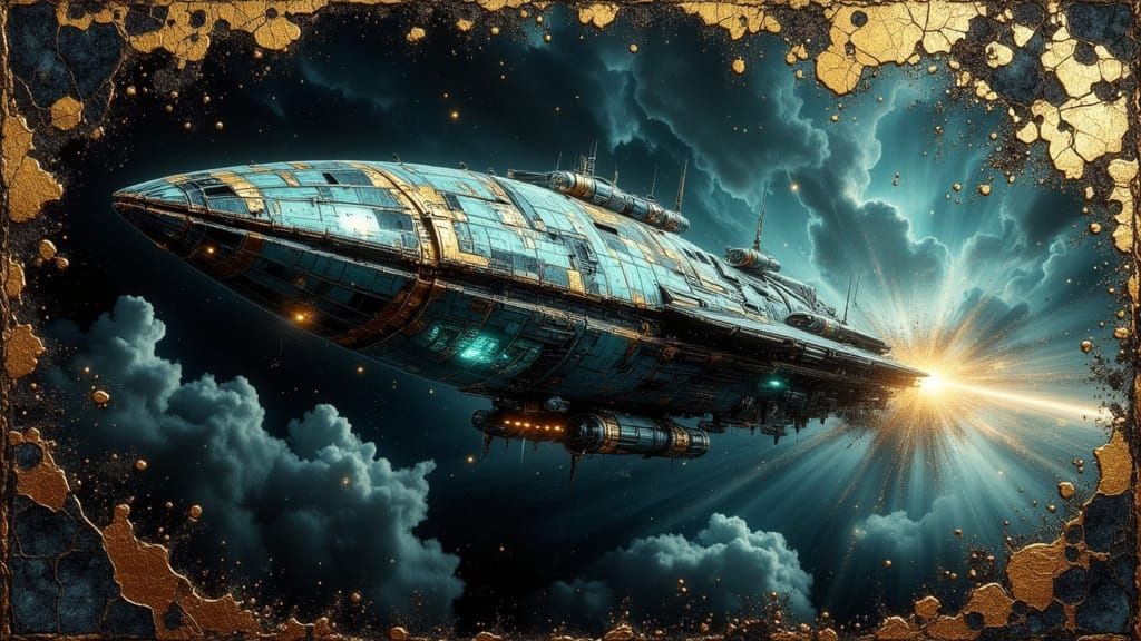 Ominous Teal Spaceship in Cosmic Gold Nebula
