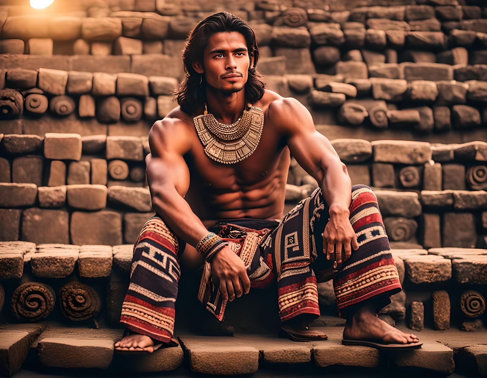 Aztec Man on Teotihuacan Pyramid at Magic Hour