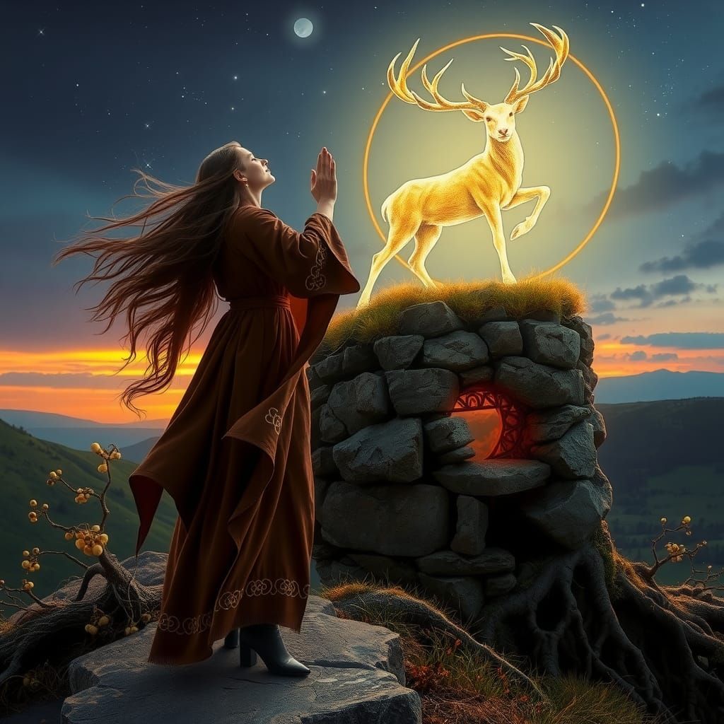 Mystical Celtic Druidess at Hillfort Under Stag Constellatio...